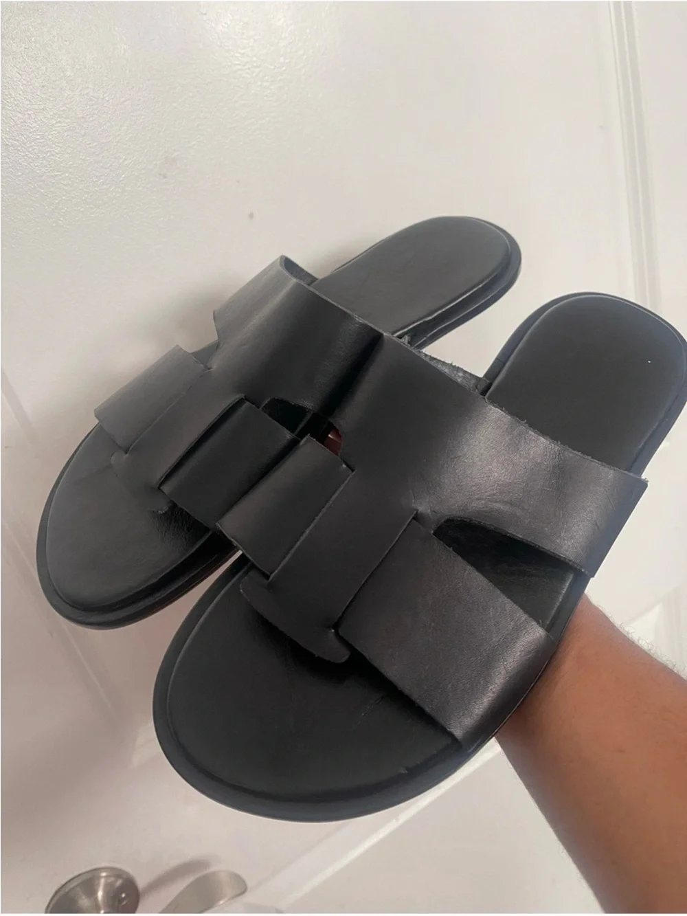 New Black Leather Mens Slide Sandals Sz 10.5